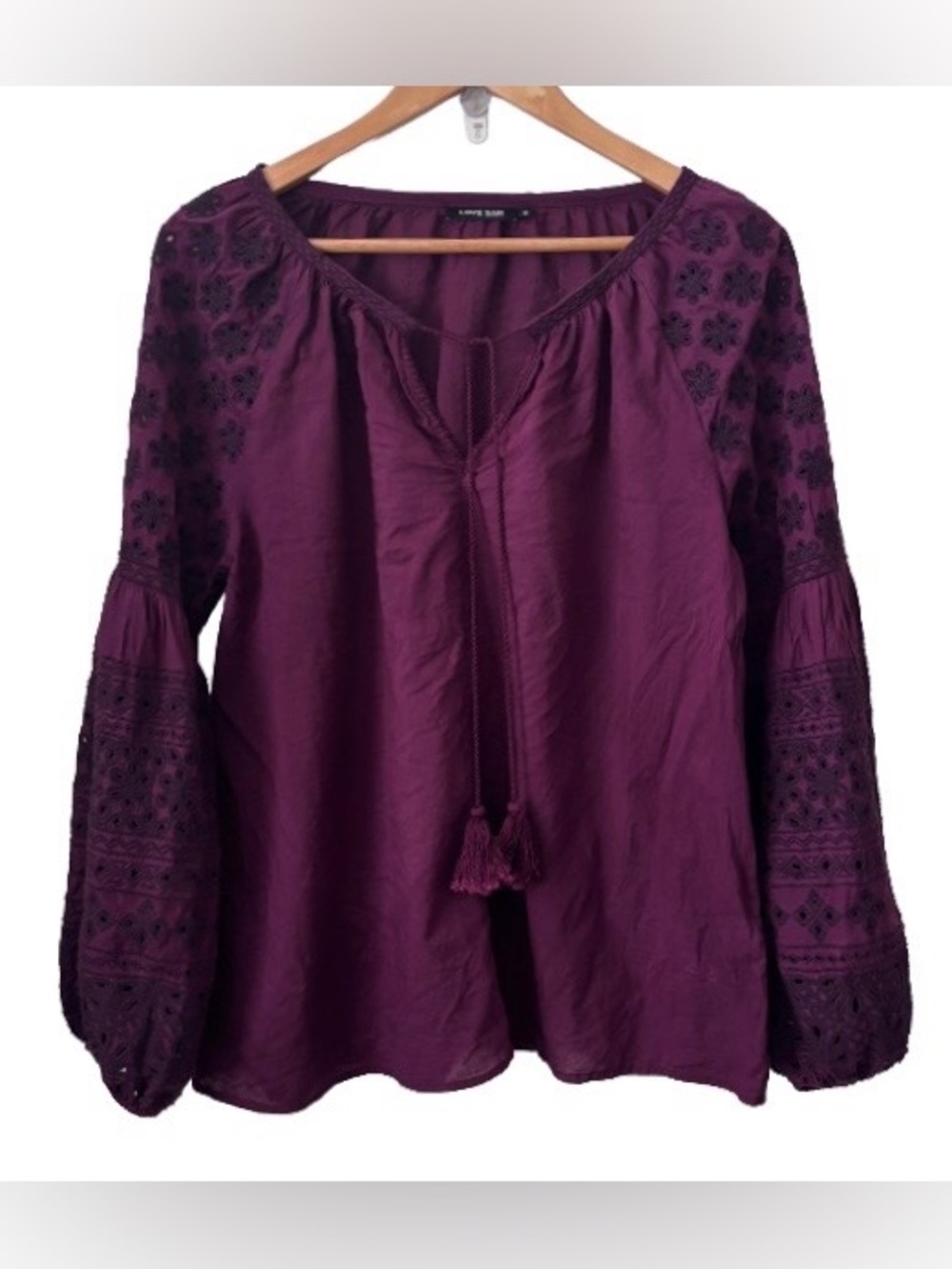 Love Tree Anthro plum tunic w embr peasant sleeves WM S boho cottagecore